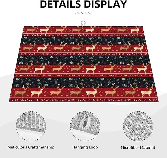 Christmas Reindeer Dish Drying Mat for Kitchen Counter Microfiber Super Absorbent Non-Slip Dish Drying Pad for Countertops Dishes Utensils Stylish Quick-Dry Machine Washable 18x24 Inch