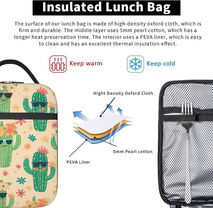 Cactus Lunch Box for Women Men, Insulated Lunch Box Reusable Portable Lunch Bag Cooler Tote Waterproof Lunch Container for Office Picnic Work Travel