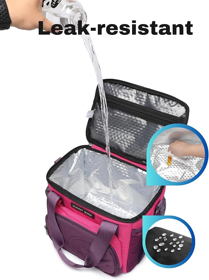 SUNNY BIRD 12L Large Insulated Lunch Bag, Leakproof and Foldable Lunch Cooler Box for Women Adult and Men, Fits 18 Cans (Purple)
