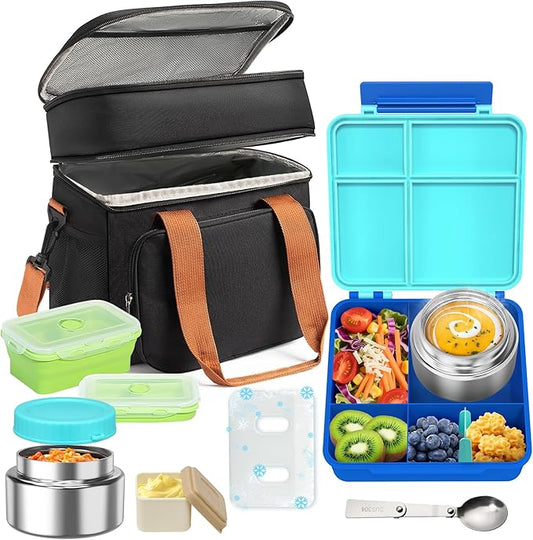 Adult Lunch Box Set Insulated Leakproof Meal Prep Kit with 4-Compartment, Thermo for Hot&Cold Food, Lunchbox Containers for Men&Women, Lunch Cooler Bag with Ice Pack for Work Camping Daytrip(Blue)