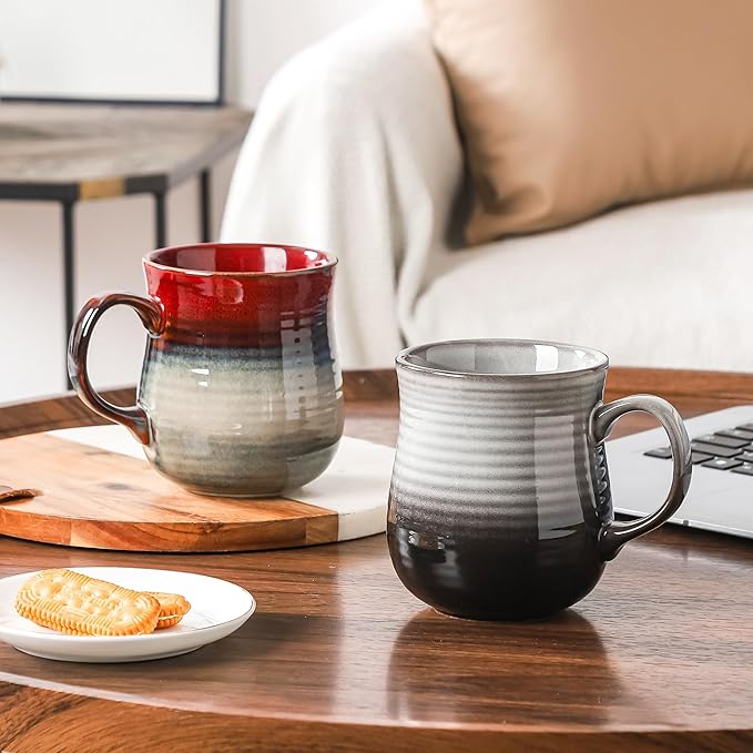 21 oz Large Ceramic Coffee Mugs, Pottery Mug Handmade, Ceramic Tea Cups with Handle for Office and Home, Dishwasher and Microwave Safe (Ink Red)