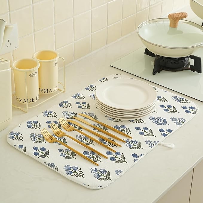 Blue Sage Green Block Print Dish Drying Mats 18x24 Inch Blue Sage Green Vintage Spring Floral Decorative Drying Mats Summer Outdoor Decor Coffee Bar Mat for Kitchen Dining Room