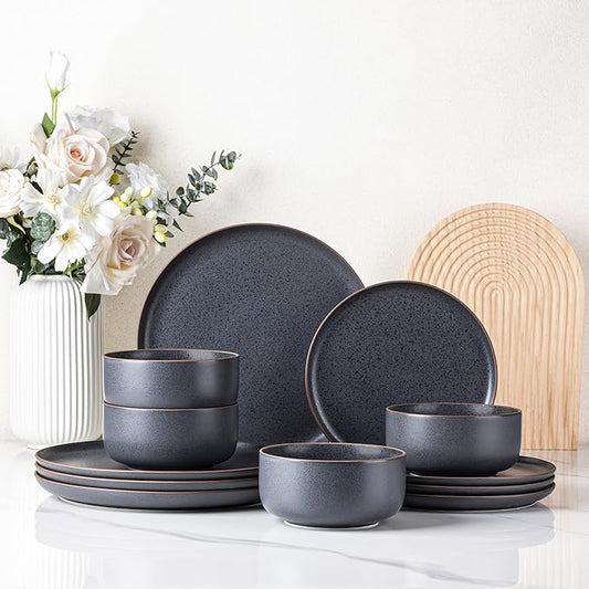 LERATIO Stoneware Dinnerware Sets for 4,Handcarft Ceramic Plates and Bowls Sets,Chip and Scratch Resistant Dishes, Dishwasher & Microwave Safe, Oven safe,Reactive Glaze-Speckled Ashen