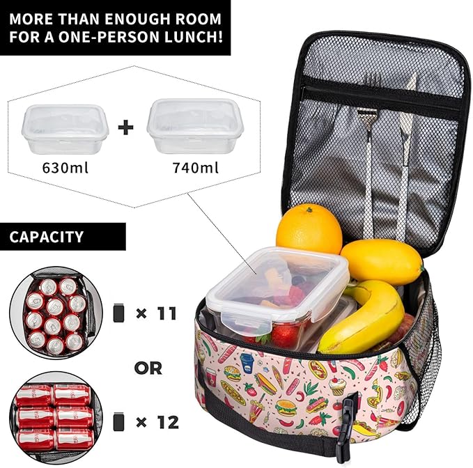 Tasty Fast Food Lunch Box,Insulated Lunchbox,Hot Dog and Colorful Fruit Design Bags,Reusable Cooler Lunchbag for Picnic,Travel,Office,Camping,Ideal Gifts for Women,Men,Kids