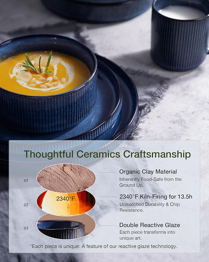 Famiware Star Dinnerware Set with Pasta Bowls, Service for 4 (16pcs), Ribbed Stoneware Plates and Bowls Dishes Sets - Chip & Scratch Resistant, Microwave & Dishwasher Safe, Nebulas Blue