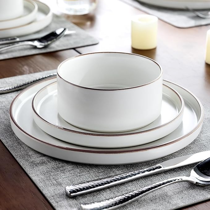 LERATIO Ceramic Dinnerware Sets for 8, High Edge Stoneware Plates and Bowls Set, Chip and Crack Resistant | Oven & Dishwasher & Microwave Safe Dishes Set, Service for 8 -Vanilla White
