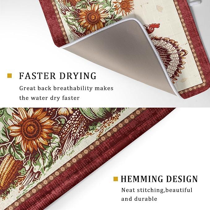 Rustic Turkey Dish Drying Mat for Kitchen Countertop 18x24 inch Fall Thanksgiving Pumpkin Sunflowers Harvest Dish Drainer Mats Fast Drying Farmhouse Country Style Dish Drying Pad Holiday Decor Large
