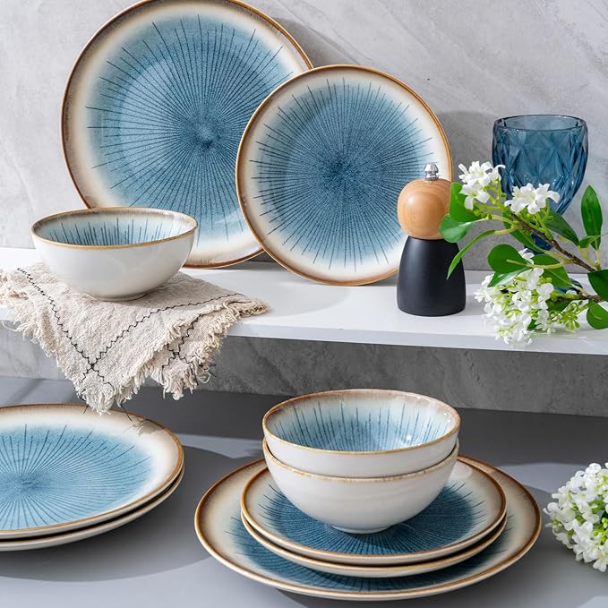 Blue Stoneware Dinnerware Set, 12 Pieces, Blue Stripe Marble, Dishwasher & Microwave Safe