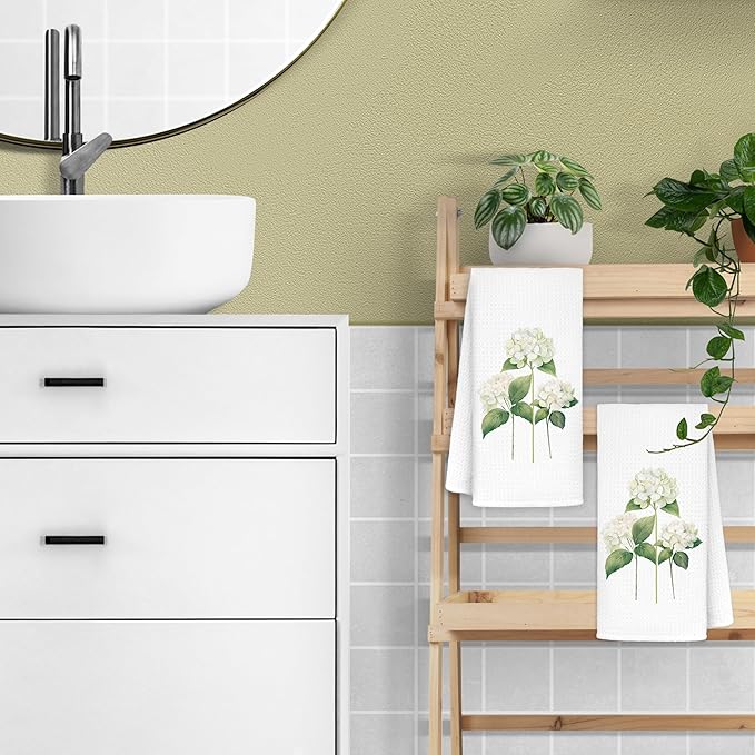 White Hydrangea Flowers Floral Kitchen Towels Set of 2 - Flowers Decorative Hand Towels for Bathroom, White Hydrangea Decor Dish Towels for Kitchen, Floral Hand Towels, 16x24