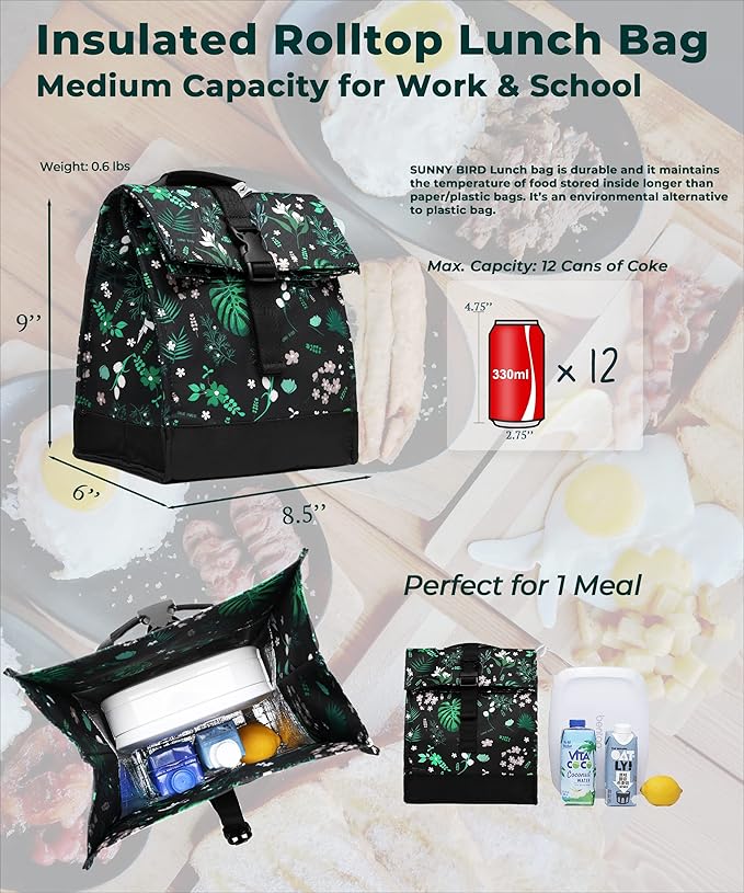 SUNNY BIRD Insulated Lunch Bag Rolltop Lunch Box Tote Bag for Women, Men, Adults and Teens (Floral & Foliage)