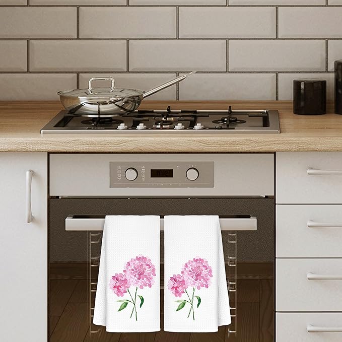 Pink Hydrangea Floral Hand Towels for Bathroom Spa Gym, Rustic Kitchen Towels Hydrangea Botanical Dish Tea Towels for Kitchen Decor, 16x24 Inch Set of 2
