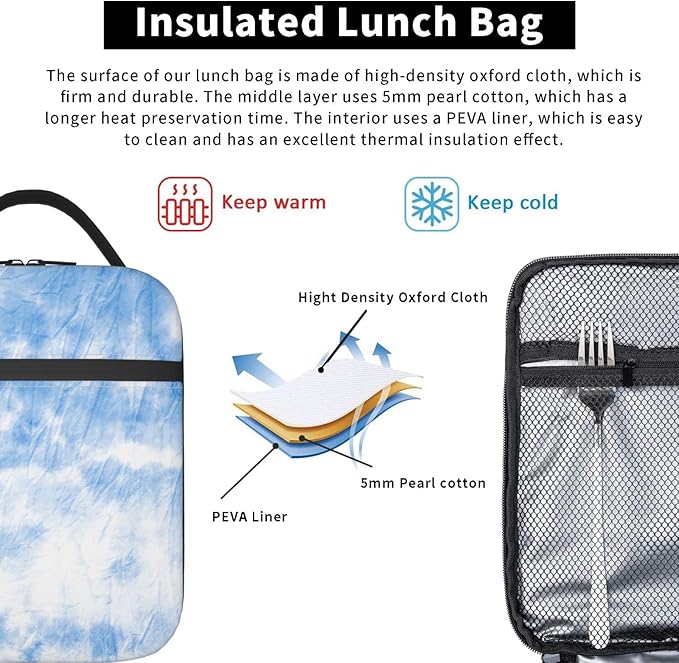 SUPLUCHOM Lunch Box Tie Dye White Blue Art Insulated Bag Reusable with Side Pocket for Work School Picnic Hiking Daytrip Kid Adult Over 3 Years Old