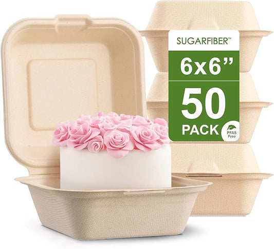 [50 COUNT]Harvest Pack PFAS FREE 6 X 6" Compostable Clamshell Take Out Food Containers, Single Compartment To go Container, Square Heavy-Duty Bagasse Bento Cake Box, from Eco-Friendly Sugarcane Fibers