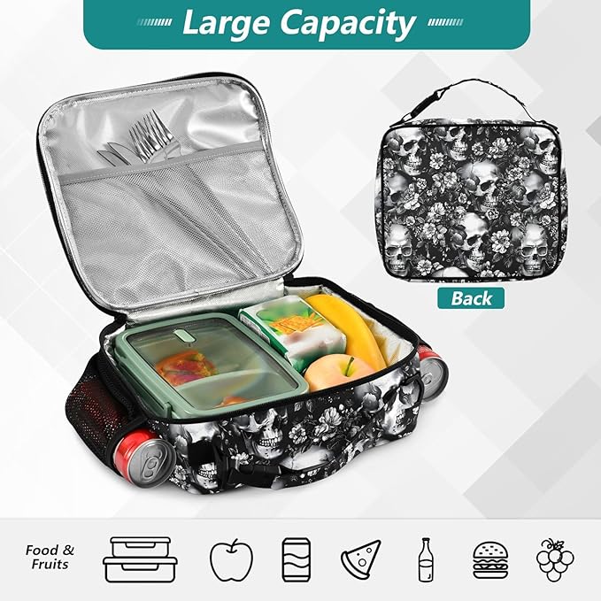 Skull Lunch Bag for Women Men Insulated Reusable Lunch Box with Adjustable Shoulder Strap Cooler Tote Bag for School Outdoor Picnic