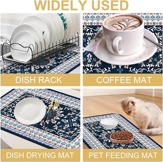 Boho Geometric Rug Dish Drying Mats Super Absorbent Dish Drainer Rack Pad Non-Slip Drying Mat for Kitchen Counter, 24"x16"