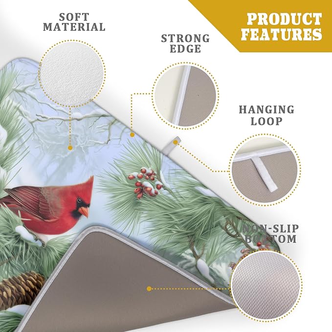 Winter Dish Drying Mat for Kitchen Counter Cardinal Birds Pine Trees Festival Microfiber Absorbent Dish Draining Reusable Washable Foldable Extra Large 18"x24"