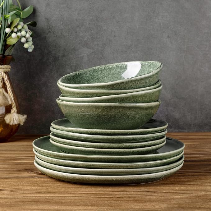 AmorArc Ceramic Dinnerware Sets,Handmade Reactive Glaze Stoneware Plates and Bowls Set,Highly Chip and Crack Resistant | Dishwasher & Microwave Safe Dishes,Service for 6 (18pc)