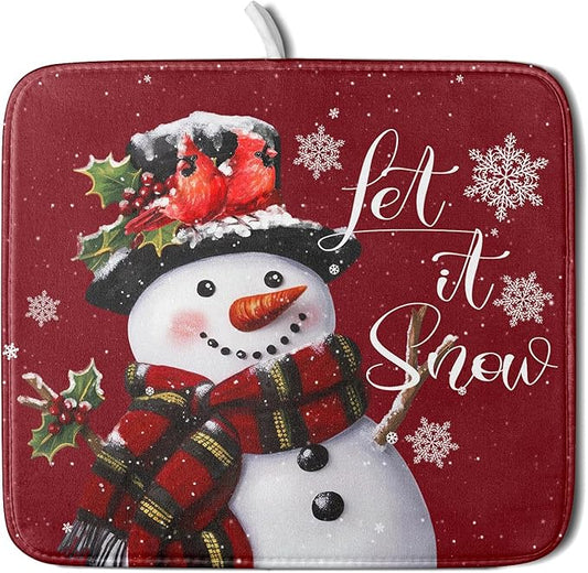 Christmas Dish Drying Mat for Kitchen Counter Snowman Let It Snow Microfiber Absorbent Dish Draining Reusable Washable Foldable 16"x18"