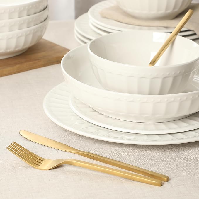 Gibson Home Melbourne White Plates and Bowls Set, 16 Piece Embossed Ceramic Dinnerware Set - Service for 4 Dishes - With Pasta Bowl