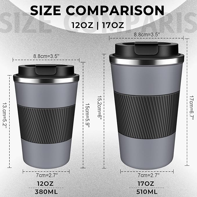 Insulated Coffee Tumbler 12 oz, Stainless Steel Coffee Mug with Lids, Travel Coffee Mug Leak Proof, Double Wall Vacuum Insulated Reusable Coffee Cup, Keep Drinks Hot and Cold (Gray, 12 Ounces)