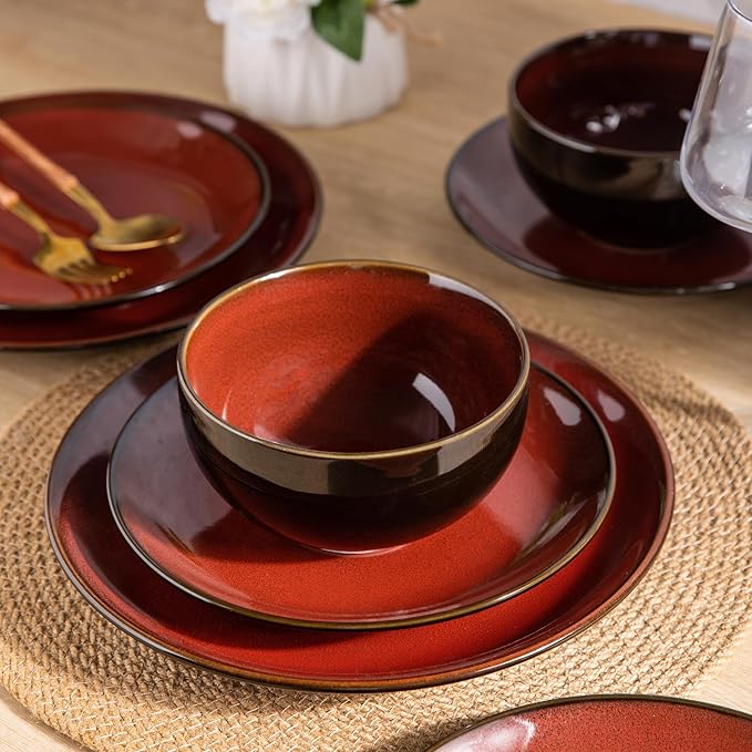 LERATIO Ceramic Dinnerware Sets for 8,Stoneware Plates and Bowls Sets,Handmade Reactive Glaze Dishes Set,Chip Resistant and Scratch Resistant | Oven&Dishwasher & Microwave Safe-Red (24PCS)