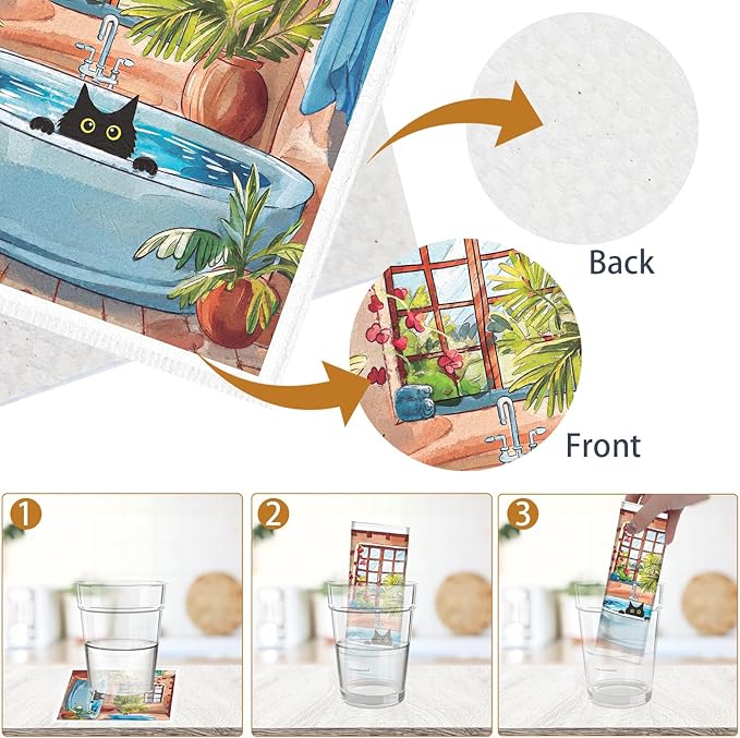 Black Cat Bathroom Swedish Dishcloths - 6PCS Oil Painting Black Cat Swedish Cloths for Washing Dishes, Cotton Kitten Reusable Dish Towels, Washable Cleaning Sponge Gifts Kitchen Home Supplies