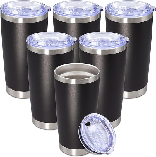 20 oz Tumbler with lid Double Wall Vacuum Insulated Tumblers Stainless Steel Coffee Mug Travel Coffee Tumbler Powder Coated Tumbler Cup Keep Hot&Cold - (Black 6 Pack)