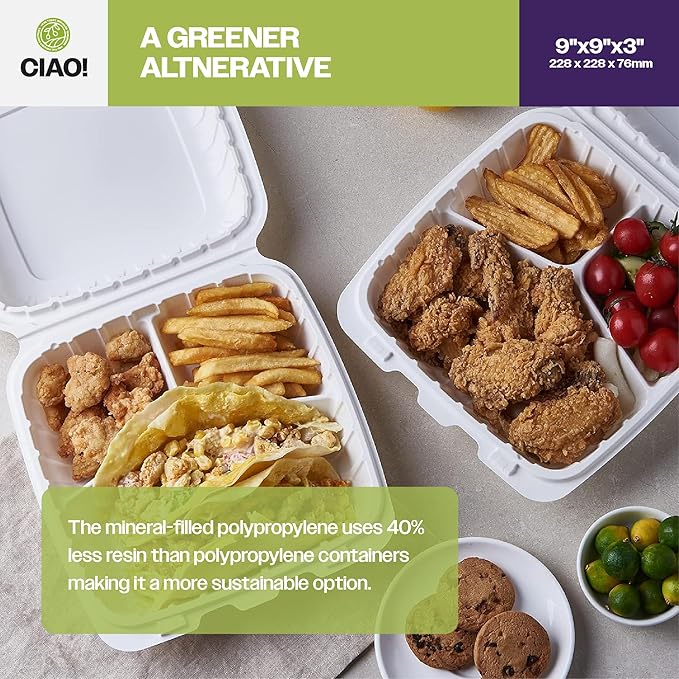 CIAO! 9"x9"x3" MFPP White Hinged Container With Lid 1 Compartment (Case of 150)