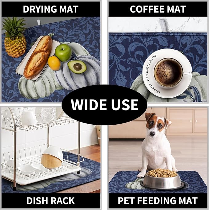 Autumn Dish Drying Mat Fall Navy Blue White Pumpkin Dish Pad for Kitchen Counter 18x24 Microfiber Absorbent Thanksgiving Dish Draining Mat Reusable Washable Dish Drainer Rack Mat