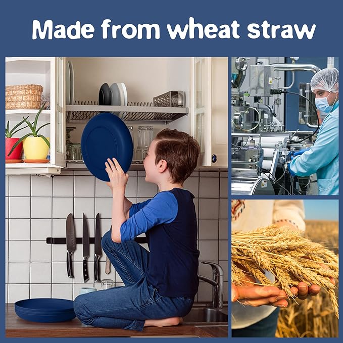 Teivio 32-Piece Kitchen Plastic Wheat Straw Dinnerware Set, Service for 8, Dinner Plates, Dessert Plate, Cereal Bowls, Cups, Unbreakable Colorful Plastic Outdoor Camping Dishes, Midnight Blue