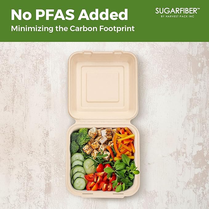 [200 COUNT]Sugarfiber by Harvest Pack PFAS FREE 9 X 9" Compostable Clamshell Food Containers, Heavy-Duty Hinged Container, Disposable Bagasse Eco-Friendly Natural Sugarcane Takeout to go Box