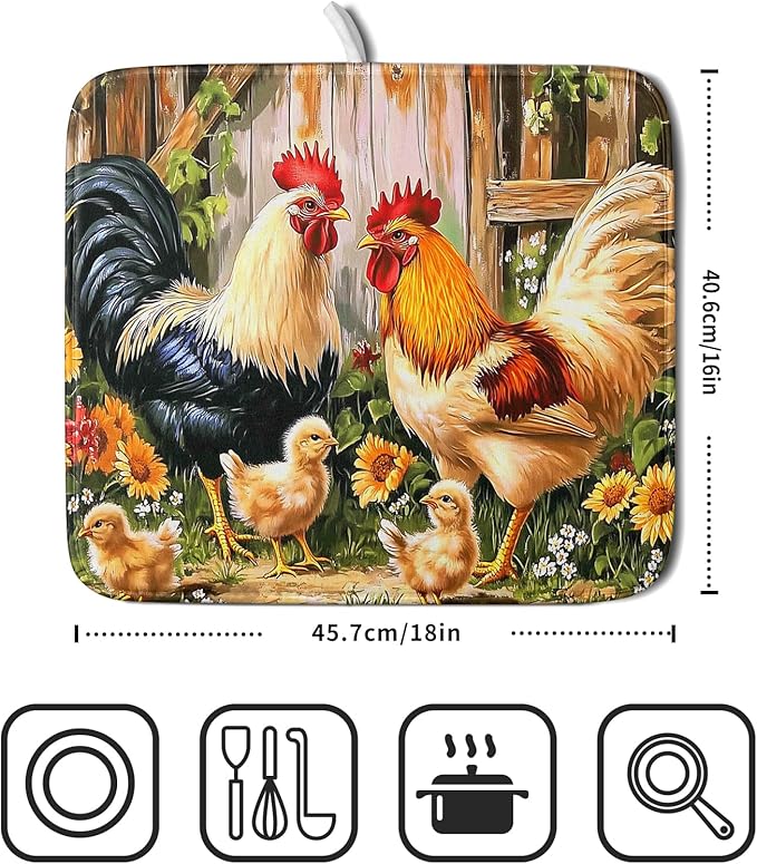 Rooster Chickens Dish Drying Mats 16x18 Inch,Farmhouse Wooden Fence Sunflower Microfiber Absorbent Quick-Dry Drainer Rack Sink Protector Pad for Kitchen Counter Decor