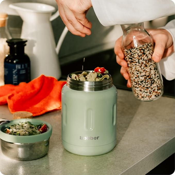 BOBBER 24 oz Insulated Stainless Steel Thermos for Hot Food, Extra-Wide Mouth Soup Container with Spoon and Bowl - Keeps Rice and Pasta Hot for 14 Hours and Salads Cold for 20 Hours (Green)