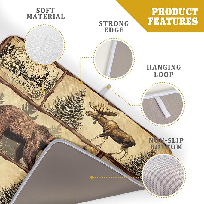 Vintage Bear Moose Dish Drying Mat 18x24 Inch Country Cabin Absorbent Dish Draining Mat Heat Resistant Drying Pad for Counter Sink Home