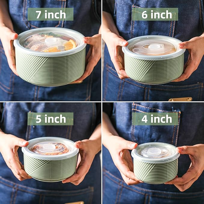 Ceramic Nesting Bowls with Lids: Mixing Bowls with Lids - Porcelain Food Storage Containers For Prep and Serving, Microwavable Kitchen Bowl Set of 4, 50/32/20/10 oz (Green)