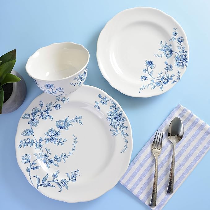 222 Fifth 12-Piece Porcelain Dinnerware Set for 4, White & Blue Plates and Bowls Set, Glossy Ceramic Dish Set with Beautiful Floral Design, Elegant Kitchen Dishes, Microwave & Dishwasher Safe, Bellamy