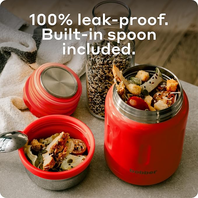 BOBBER 24 oz Insulated Stainless Steel Food Thermos for Hot Food, Extra-Wide Mouth Lunch Container for Adults with Spoon and Bowl, Dishwasher Safe - Keeps Meals Hot for 14 Hours (Red)