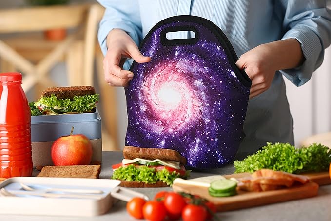 Violet Mist Women's Reusable Neoprene Lunch Bag, Galaxy Sky Insulated, Thermal, Waterproof, 11.42"L x 10.43"H x 5.51"W, 8.7 inches, fits containers up to 7"W x 6"L
