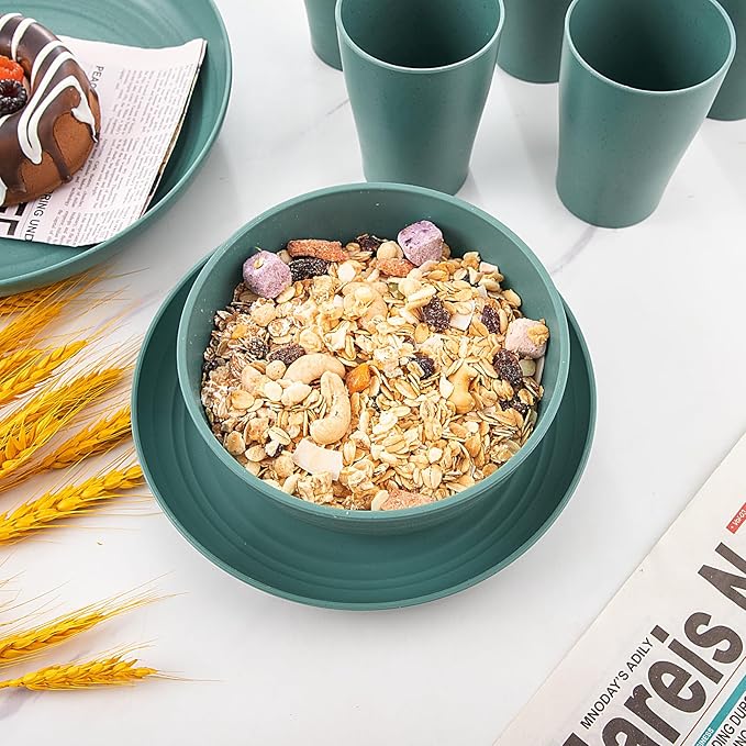 Supernal 32pcs Wheat Straw Dinnerware Sets,Dinnerware Sets for 8,Unbreakable Dinnerware,Reusable Tableware,Dark Green Set 16pcs Plates, 8pcs Bowls, 8pcs Cups,Microwave Dishwasher Safe