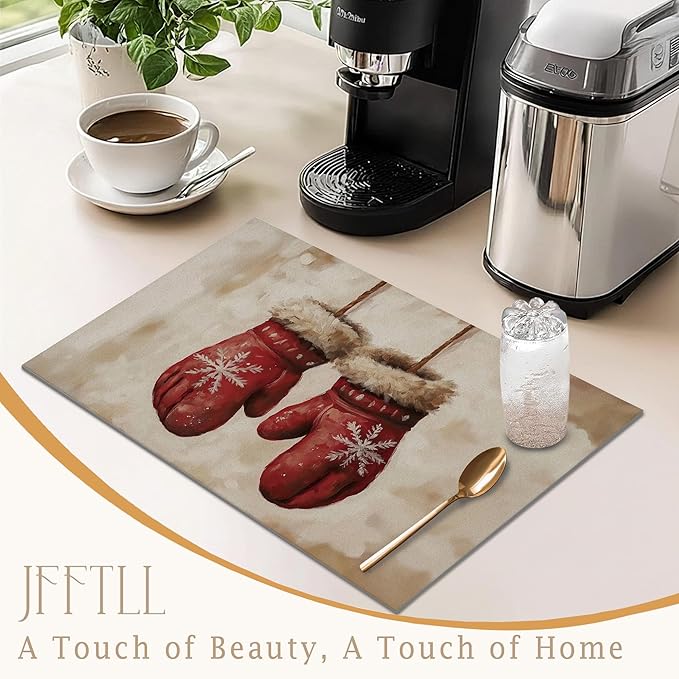 Rustic Christmas Mittens Dish Drying Mat, Vintage Winter Xmas Absorbent Dish Drainer Reusable Washable Drying Mat Pad for Kitchen Counter, Farmhouse Christmas Decor, 12×15 Inch