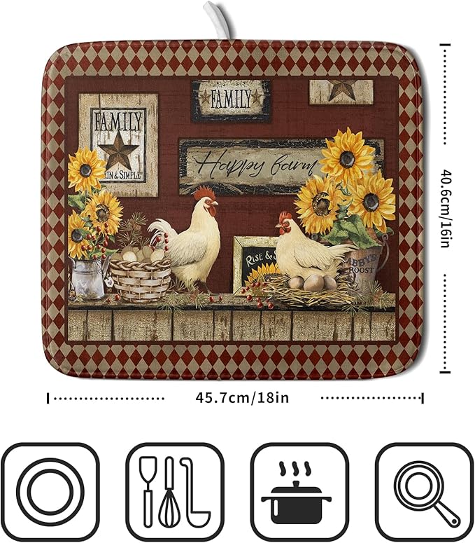 Vintage Rooster Dish Drying Mat 16x18 Inch Farmhouse Chicken Dish Drainer Pad Microfiber Absorbent Fast Dry Kitchen Counter Accessories