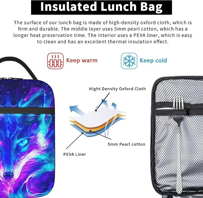 Wolf Lunch Box for Girls Women Men Wolf Insulated Lunch Bag Animal Lunchbox Anime Thermal Reusable Lunch Cooler Totes Meal Tote Kit for School Picnic Work Office Hiking