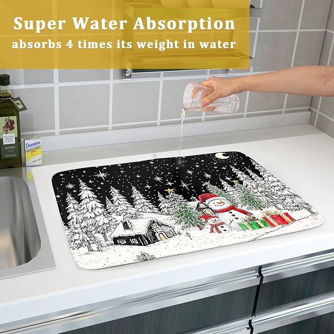 Winter Snowman Dish Drying Mat 24 X 18 in Black Microfiber Dish Pad Absorbent Holiday Kitchen Accessories