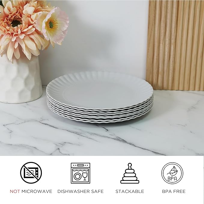 TP 8 inch Plates Set of 8, Melamine Round Plates for Salad Appetizer Dinner Lunch, Dessert Dishes for Indoors and Outdoors, Grey