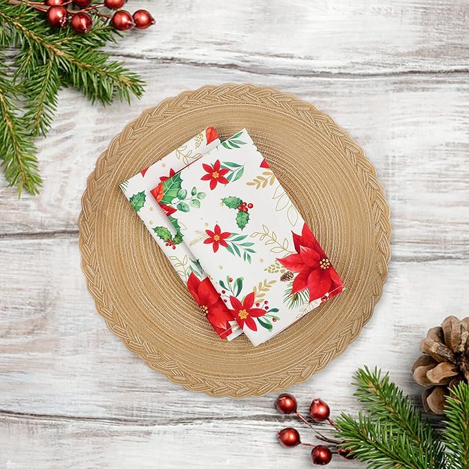 Christmas Red Flower Napkins, 18×18 Inch Dinner Cloth Napkins Set of 6, Washable Cotton Soft Absorbent Square Napkins for Dining Kitchen Party Wedding Decoration