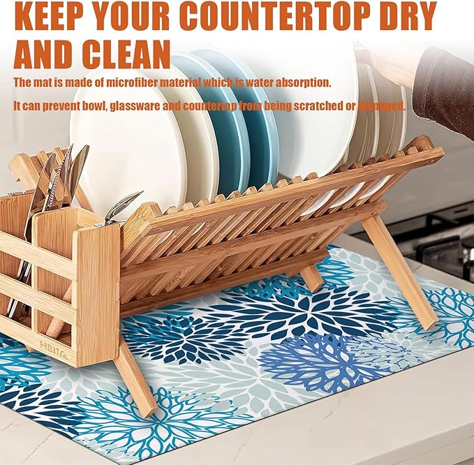 Blue Floral Dish Drying Mat for Kitchen Counter Microfiber Absorbent Dish Kitchen Drying Mat Draining Reusable Washable for Dishes/Utensils/Counterto