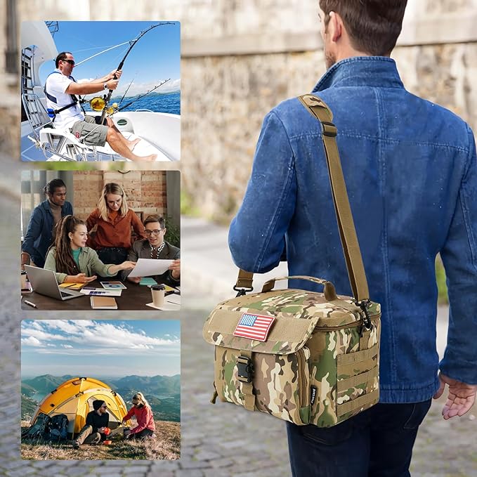 Ronyes Tactical Lunch Box for Men,Large Insulated Lunch Bag with Shoulder Strap,Heavy Duty lunchbox Cooler MOLLE Webbing, Leakproof Pail for Work Camping Fishing-Camo Brown