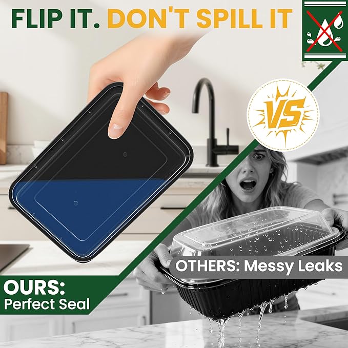 32oz Meal Prep Containers [50-Pack], Reusable Bento Box with Easy-Snap Leakproof Lids - Microwave, Dishwasher & Freezer Safe Food Storage, BPA-Free Plastic Lunch Containers (Black)