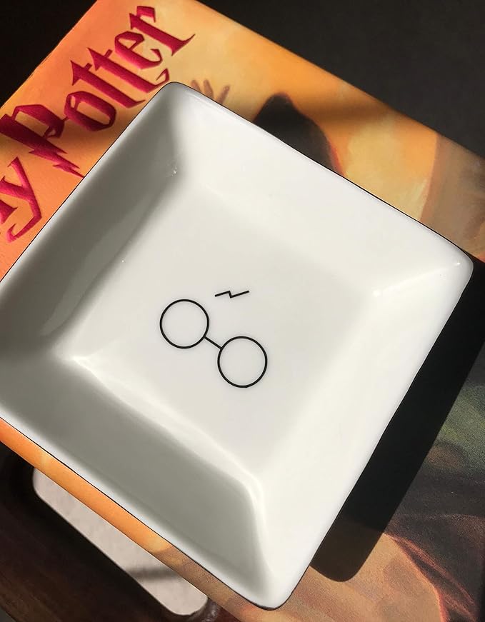 Simply Charmed Porcelain Jewelry Ring Holder Tray – Harry Potter Gift, Porcelain Trinket Dish, 4"x4" White with Golden Glaze, Jewelry Organizer