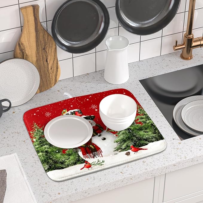 Christmas Dish Drying Mat for Kitchen Counter Snowman Green Christmas Tree Microfiber Absorbent Dish Draining Reusable Washable Foldable 16"x18"